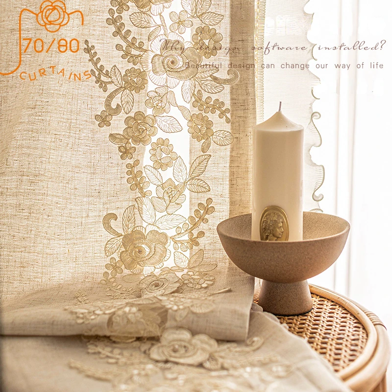 

French Cream Cotton Linen Yarn Pearl Lace Stitching Window Screen Curtains for Living Room Bedroom Home Decoration Customization