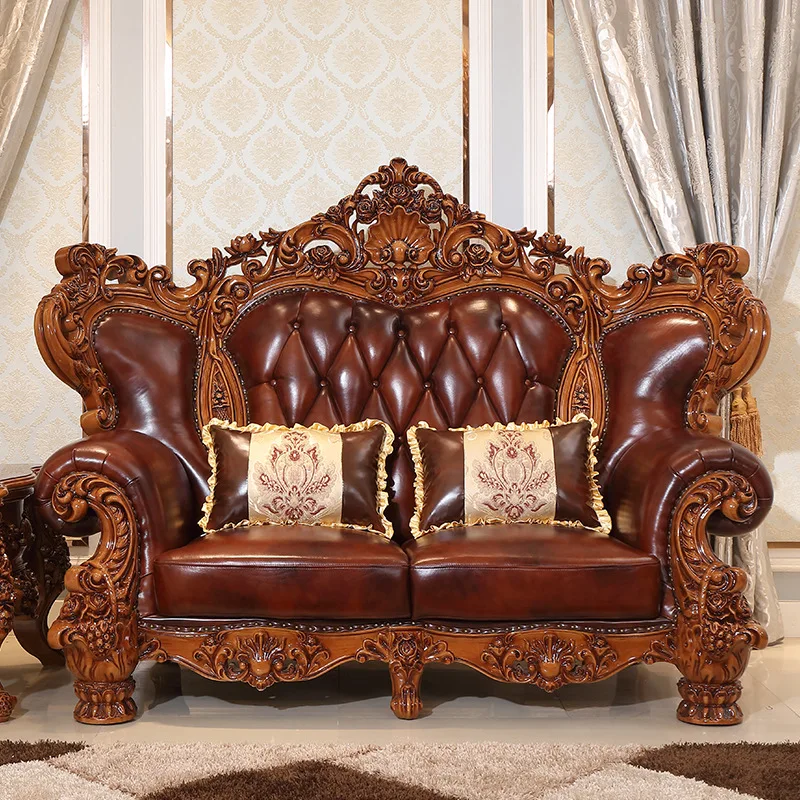 SA-18 European Style Genuine Leather Sofa Solid Wood Carved High End Vintage Living Room Villa Complete Furniture Set