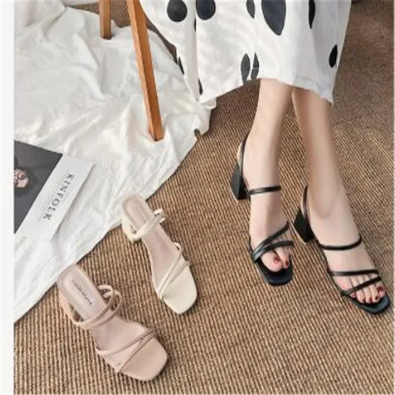 Women Sandals Ladies Square Heels Elegant Summer Slippers Outside Cross Tied Leather Female Slides 2024 Fashion Woman Sandals