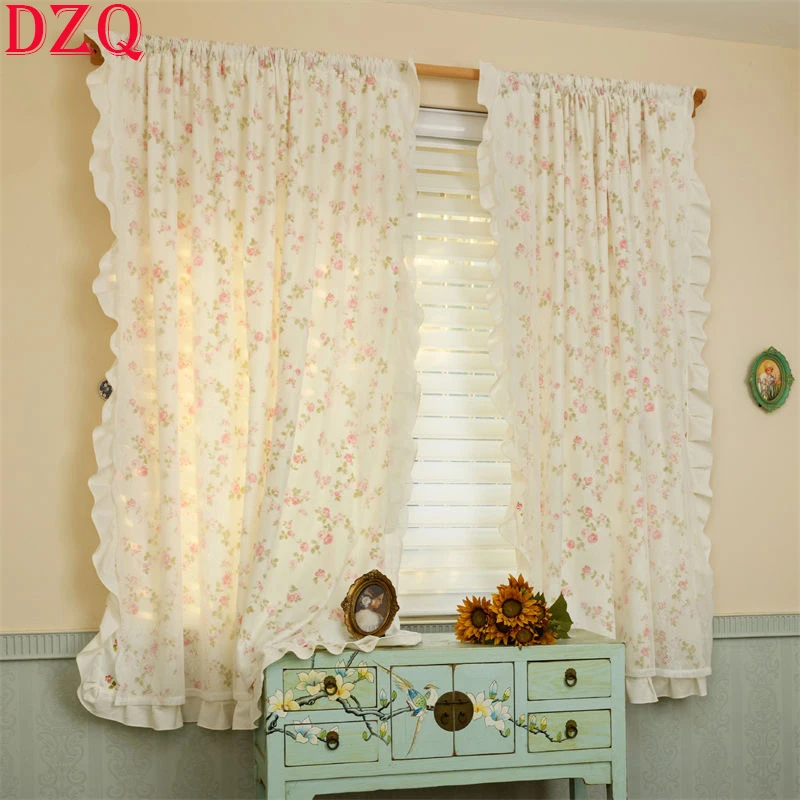 

American Idyllic Double-layer Lace White Tulle and Flowers Cloth Curtains Living Room Beige Ruffle Window Curtain Bedroom #A327