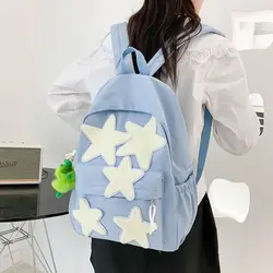 Women's Nylon Casual School Backpack Cute Five-Pointed Star School Bags For Teenagers Girls Students Korean Style Laptop Bag