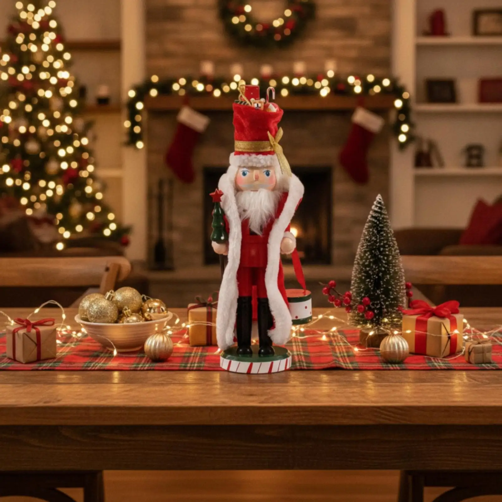 Santa Nutcracker Figurine 35cm Wooden Christmas Decoration Vintage Holiday Ornament for Home Tabletop Display Festive