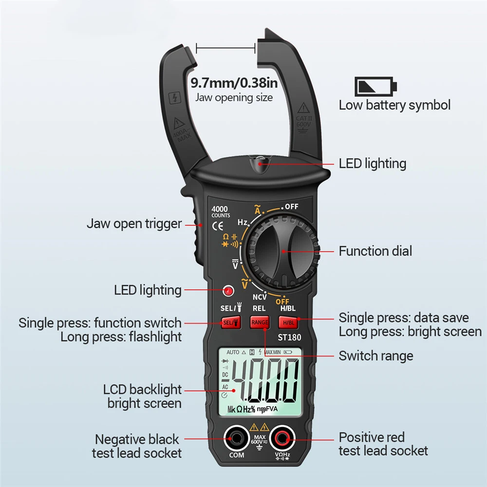 Imagem -05 - Aneng-digital Clamp Meter ac Multímetro Atual Amperímetro Tester Tensão Amp Carro hz Capacitância Ncv Ohm Tool St180 4000 Contagens