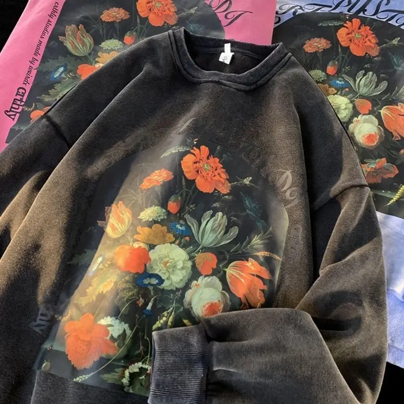 Vintage Washed and Worn Distressed Oversized Sweatshirt Mens Europe Oil Painting Flowers Aesthetic Y2K Top Loose Casual Clothes