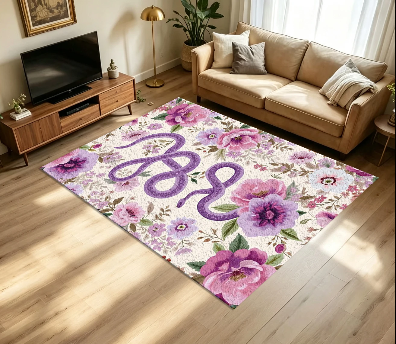 Purple Glitter Snake Floral Carpet Flooring Vintage Pink Peony Botanical Seamless Art Pattern Printed Floor Rug for Household Indoor Home Living Room Decor