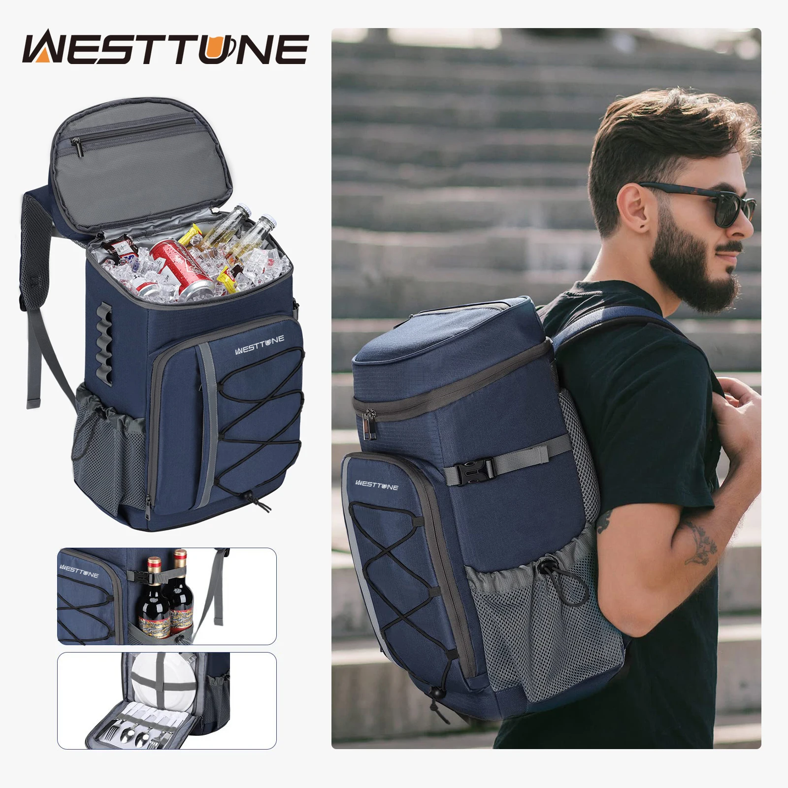 WESTTUNE 35 Can Cooler Backpack Leakproof Insulated Soft Cooler Bag Camping Beach Cooler Ice Chest Backpack for Hiking Travel