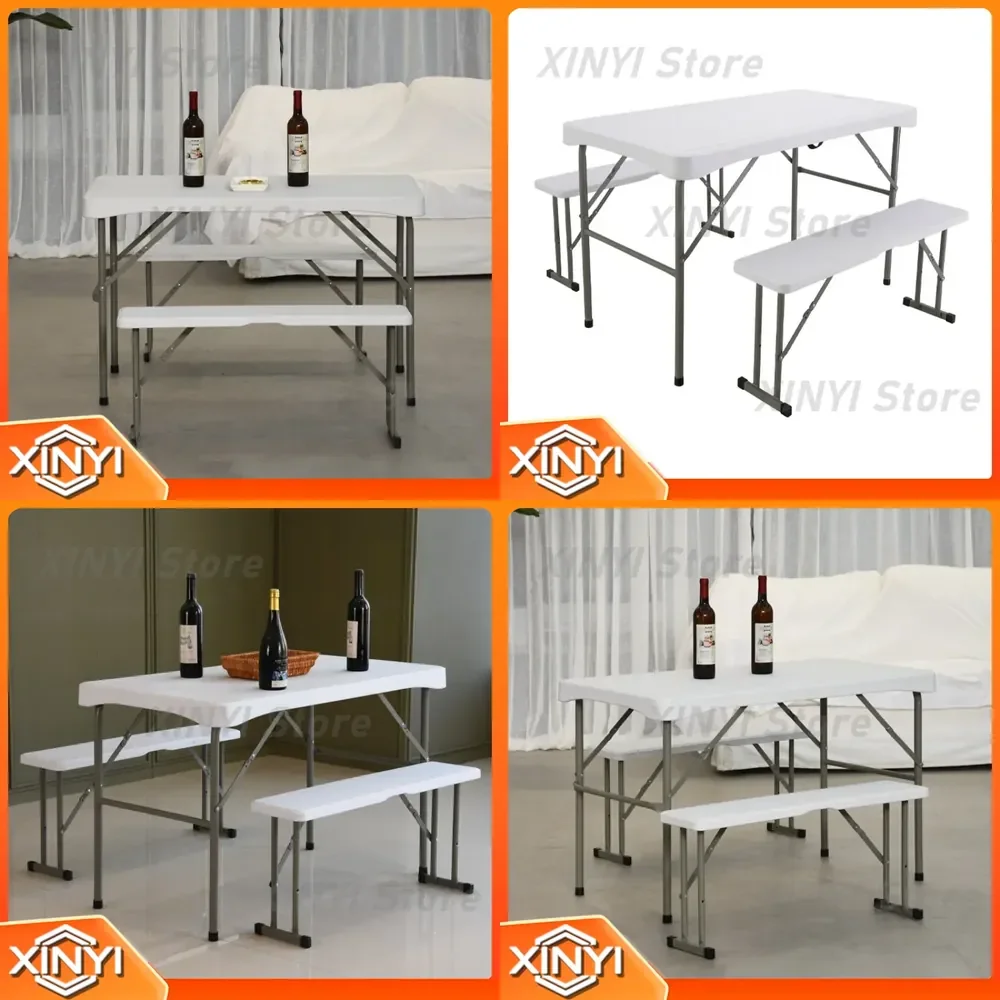 Three-piece HDPE Portable Beer Table Set for Outdoor Camping Stall Dining Table with Two Folding Benches for Picnic BBQ