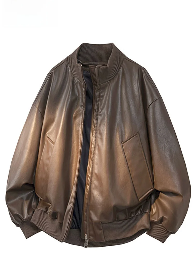

Свободный крой, мужская куртка из искусственной кожи с воротником-стойкой, ветрозащитная повседневная верхняя одежда, американский Sle, простой дизайн, весенне-осенняя одежда