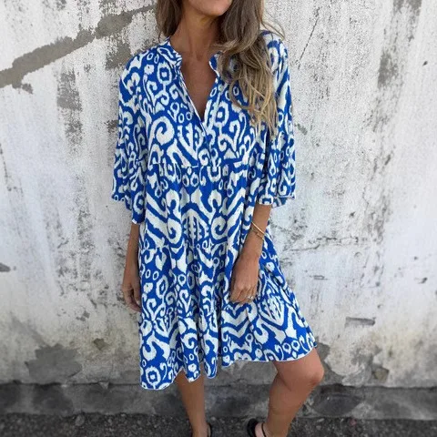 

Loose Casual Boho Printed Dress Fashion V-neck Half Sleeved Pleated A-line Dresses Spring Vacation Style Women's Clothing