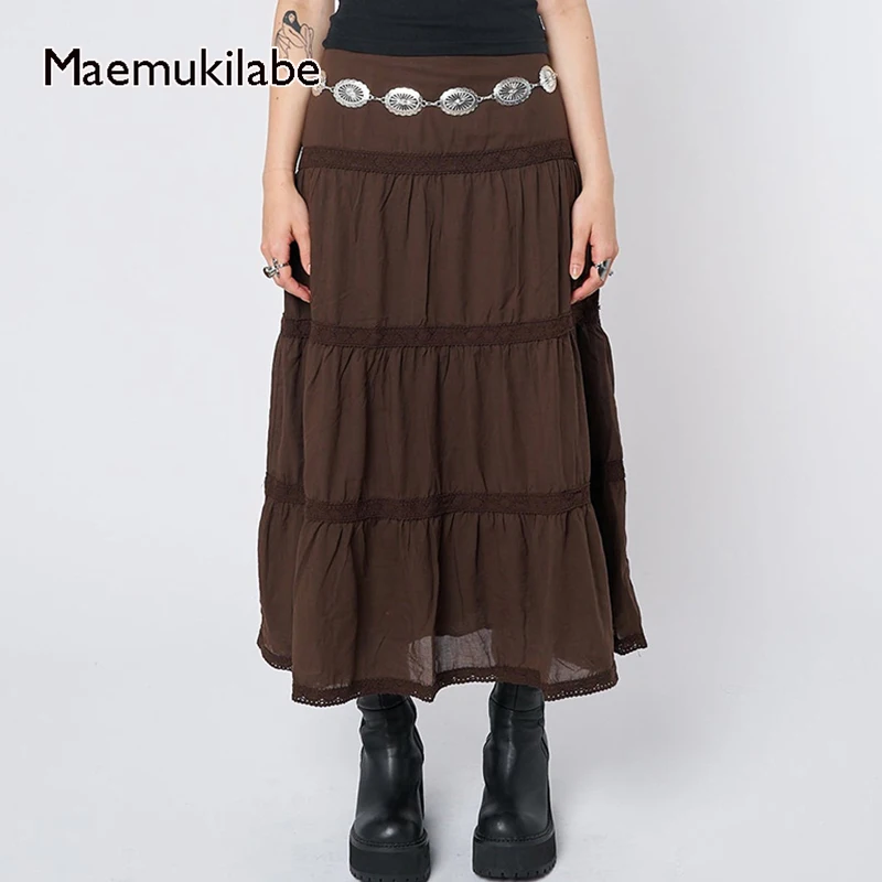 

Maemukilabe Vintage Long Pleated Skirt y2k Fairy Grunge Kawaii High Waist Midi Skirt Women 00s Retro Aesthetic Korean Streetwear