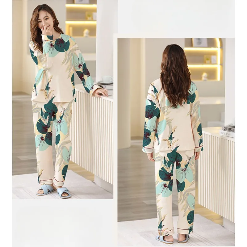 Pigiama da donna in puro cotone di mezza età primavera a maniche lunghe a righe Casual girocollo Homewear Suit Large Size Sleepwear Set 2024