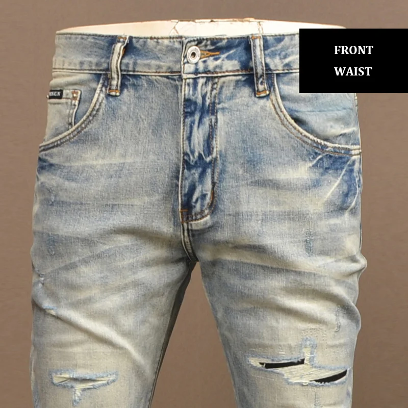 Street Fashion Men Jeans Retro Blue High Quality Stretch Slim Fit Hole Ripped Jeans Men Vintage Designer Denim Pants Hombre