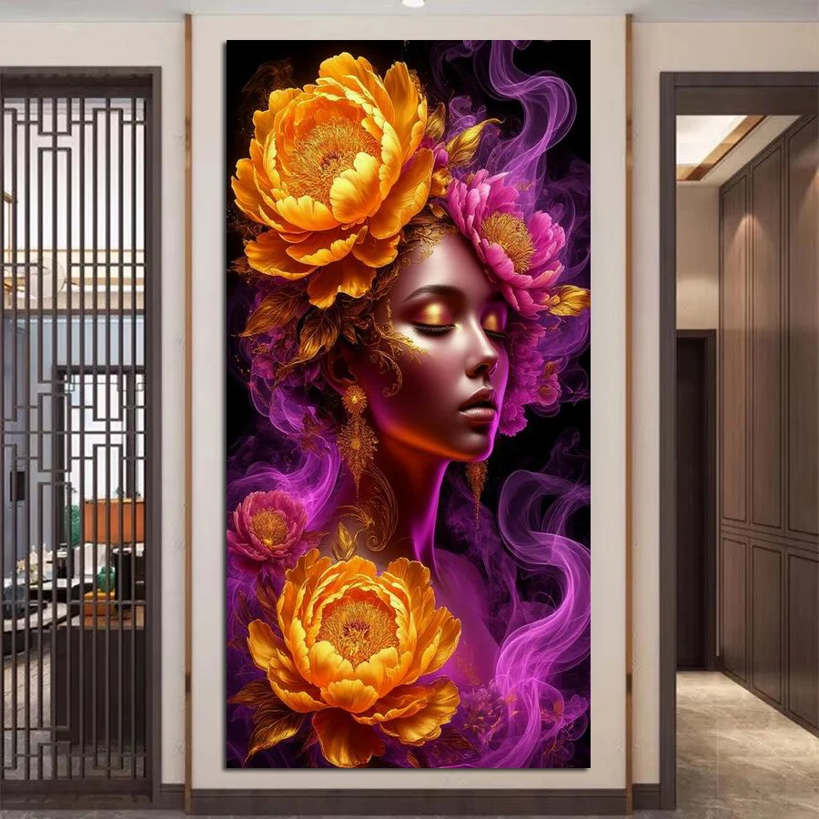 

Fullcang Golden Peony Fantasy Woman Large Size Diy Diamond Painting Full Square Round Drill Mosaic Embroidery Picture Wall Decor