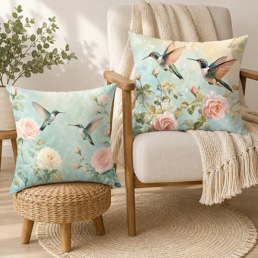 Hummingbirds Roses Retro Cushion Cover Square Decorative Throw Pillow 40x40cm For Sofa Bedroom Living Room Home Decor