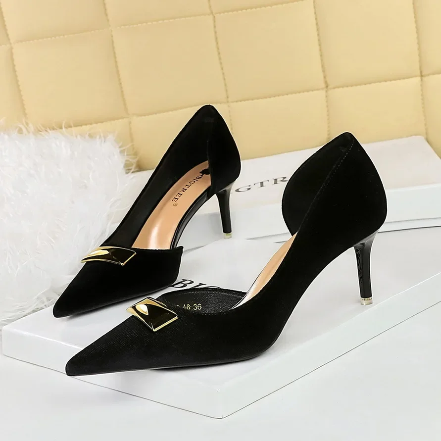 BIGTREE Western Style 7cm High Heels Side Hollow Pumps Lady Luxury Designer Metal Buckle High Heels Stiletto Black Prom Shoes image 2