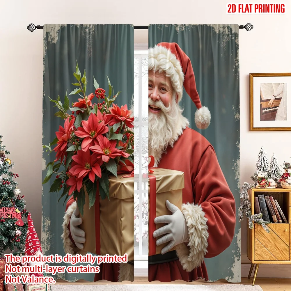 

2pcs 2D flat printing Merry Christmas Window Curtains Vintage Santa Claus Poinsettias Gifts Polyester Without Electricity 0