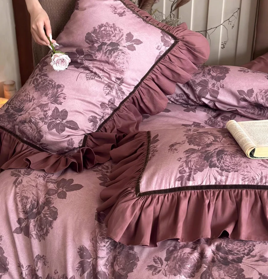 Vintage french flower bedding set,full queen king fairyfair retro ruffled cotton home textile bed skirt pillow case quilt cover