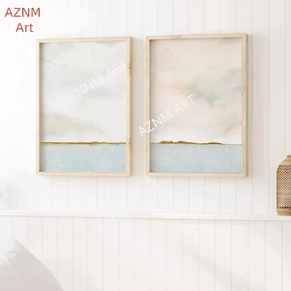 Minimalist Beach Watercolor Horizon Seascape Abstract Poster Print Canvas Painting Coastal Ocean Wall Art Pictures Home Decor