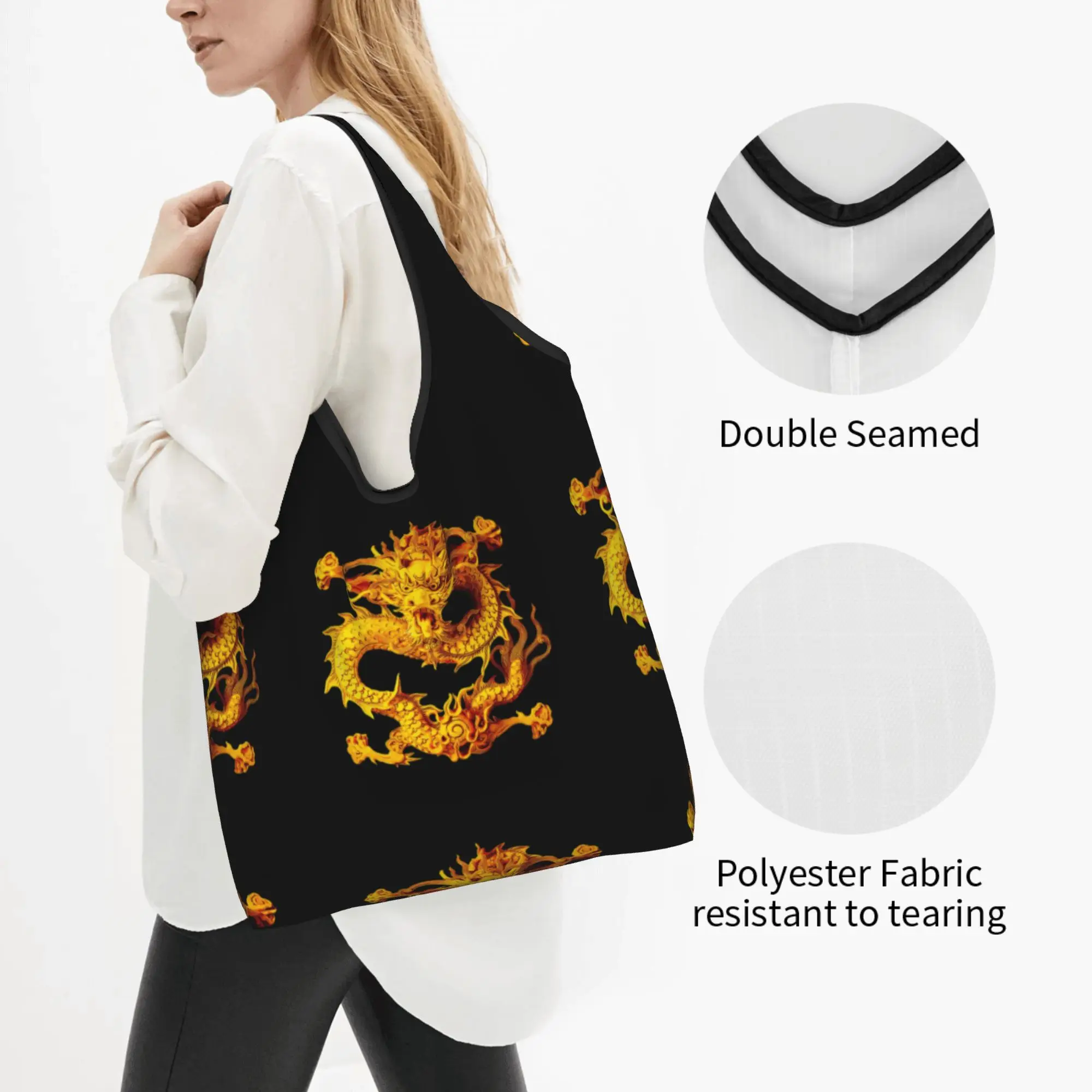 Chinese Golden Dragon Grocery Shopping Bags Custom Shopper Shoulder Tote Bag Large Capacity Asian Oriental Style Handbag