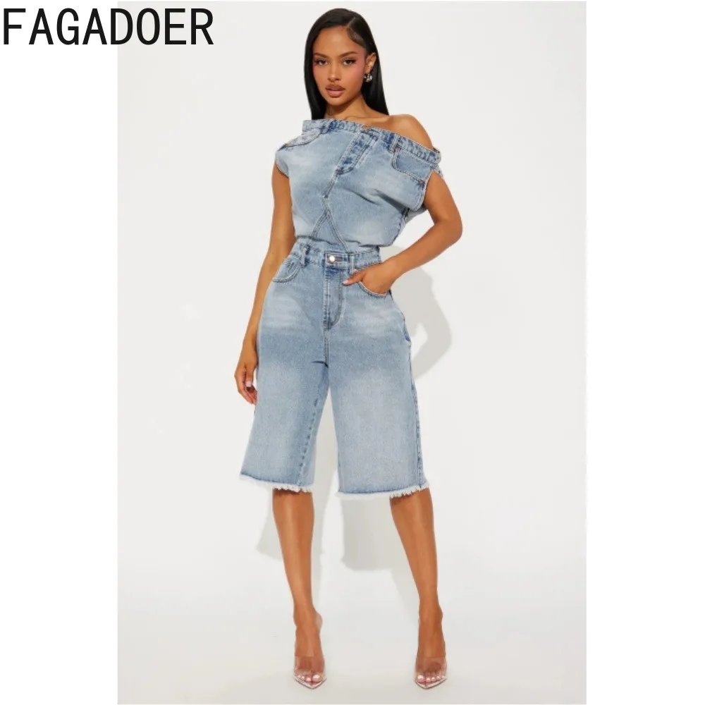 FAGADOER Y2K Streetwear Off Shoulder Loose Denim Rompers Cool Girl Party Club Jean Jumpsuits Casual Knee Wide Leg Playsuits New
