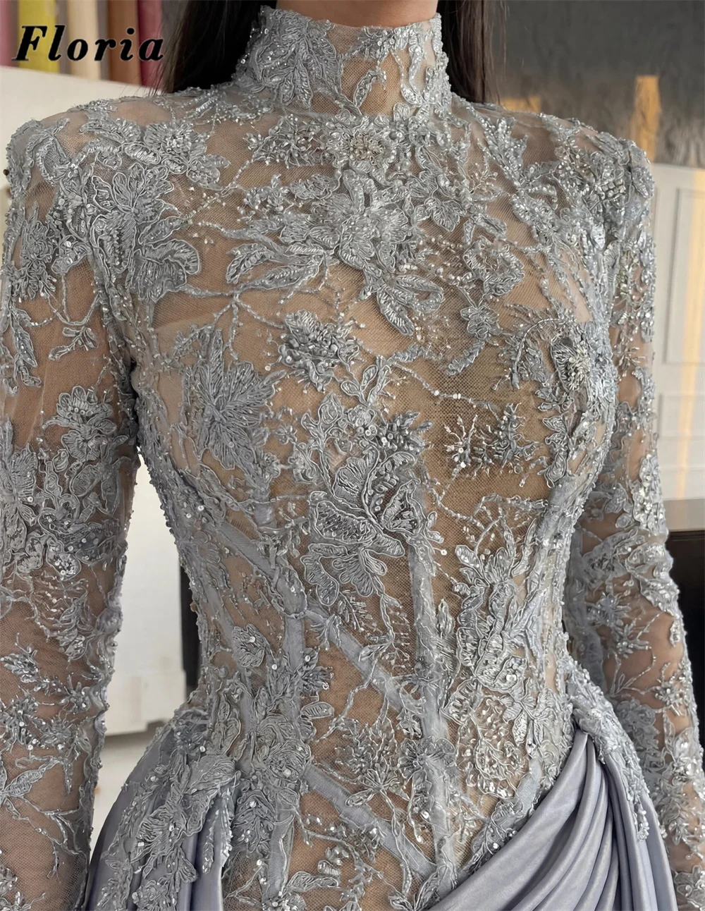 Customized Light Blue Beaded Prom Dresses Middle East Long Sleeves Women Evening Dress With Satin Skirt Engagement Gowns Party