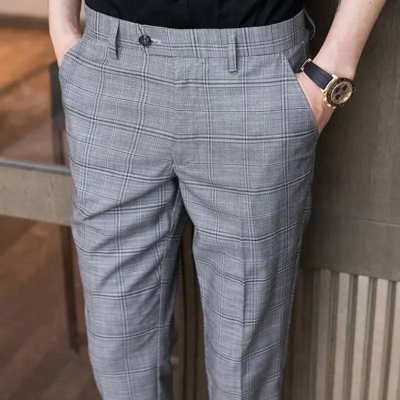 Plus Big Size Gray Male Suit Trousers Slim Fit Tressed Men\'s Summer Pants Fabric Vintage Thin Casual Clothes Offer Chinese Homme