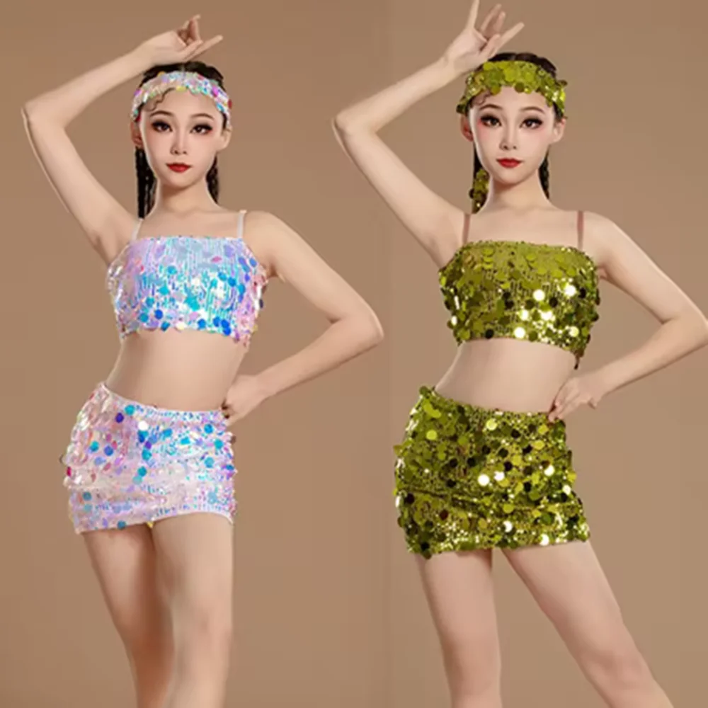 

2025 Latin Dance Costume Summer Green Sequin Tops Skirt Set Samba Rumba Stage Clothes Girl Latin Cha Cha Practice Dancewear