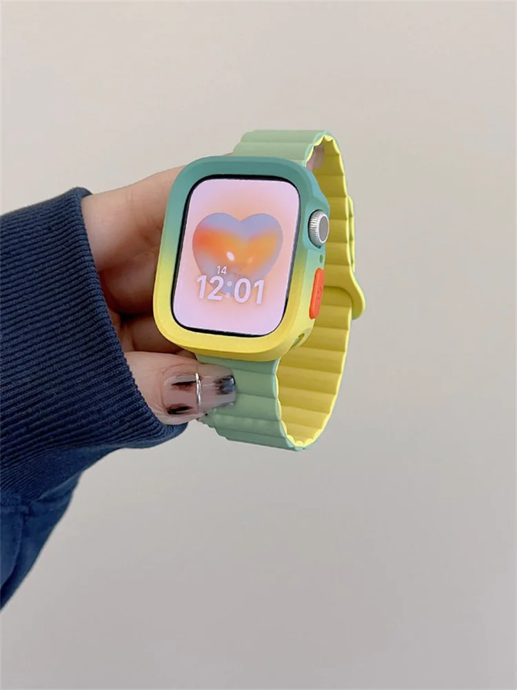 Cinta de silicone bonito e caso mudança gradual para Apple Watch, Coréia Band, Ultra2, iWatch Series 9, 8, SE, 7, 6, 5, 4, 49mm, 41mm, 45 milímetros, 40 milímetros, 44 milímetros, 42 milímetros