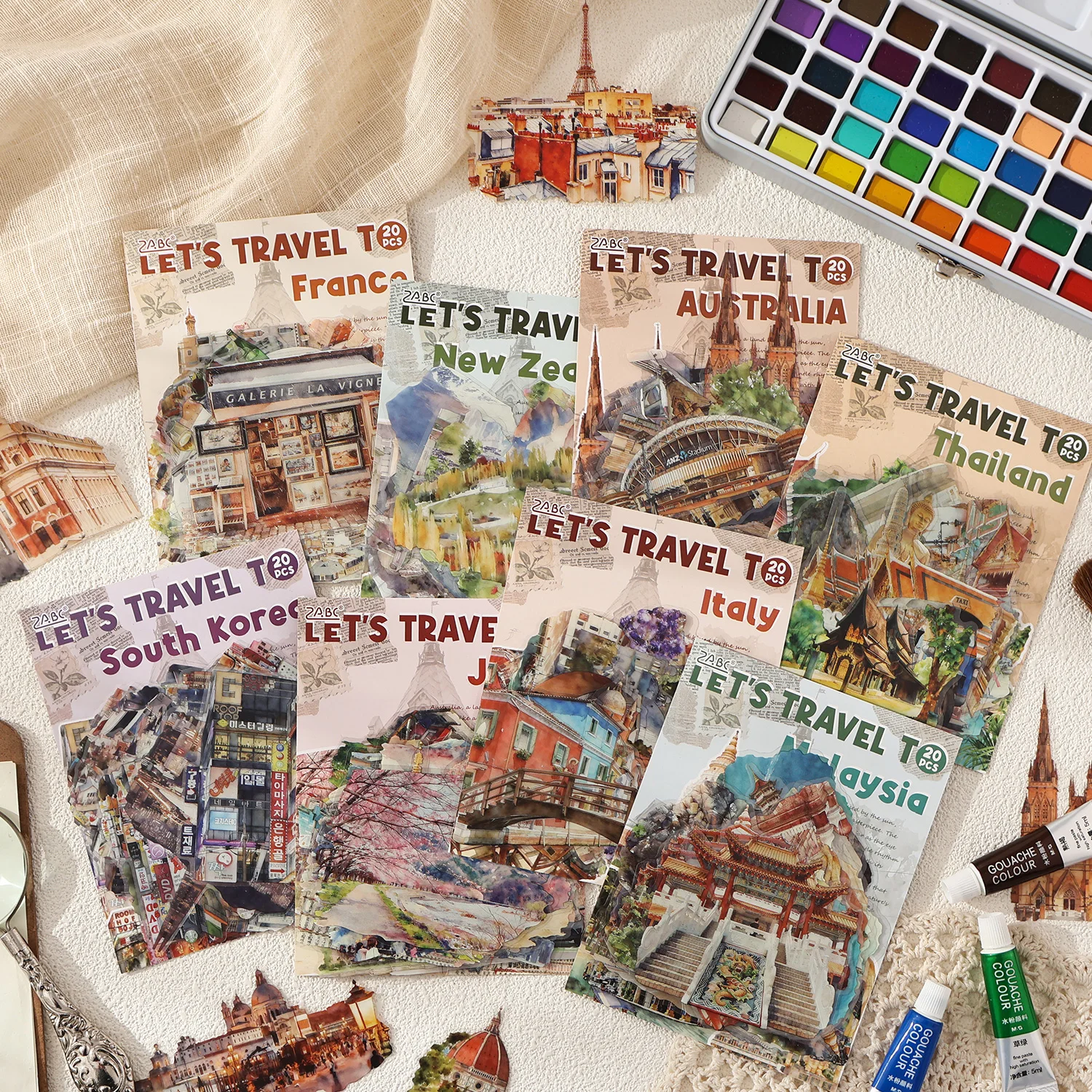 

JIAMEI 20pcs/pack Kawaii Creative Travel Scenery Waterproof PET Stickers DIY Diary Scrapbook Aesthetic Stationery Stickers