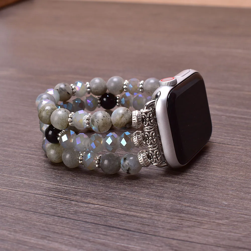 Labradorite Crystal Apple Watch Band 38mm 40mm 41mm 42mm 44mm 45mm Stone Beaded Bracelet Strap for Women Iwatch Series 1-SE