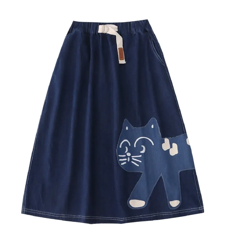 

Japanese Vintage Cute Cat Dark Blue Thin Denim Long Skirts for Women High Waisted A-line Loose Mori Girl Style Kawaii Jean Skirt