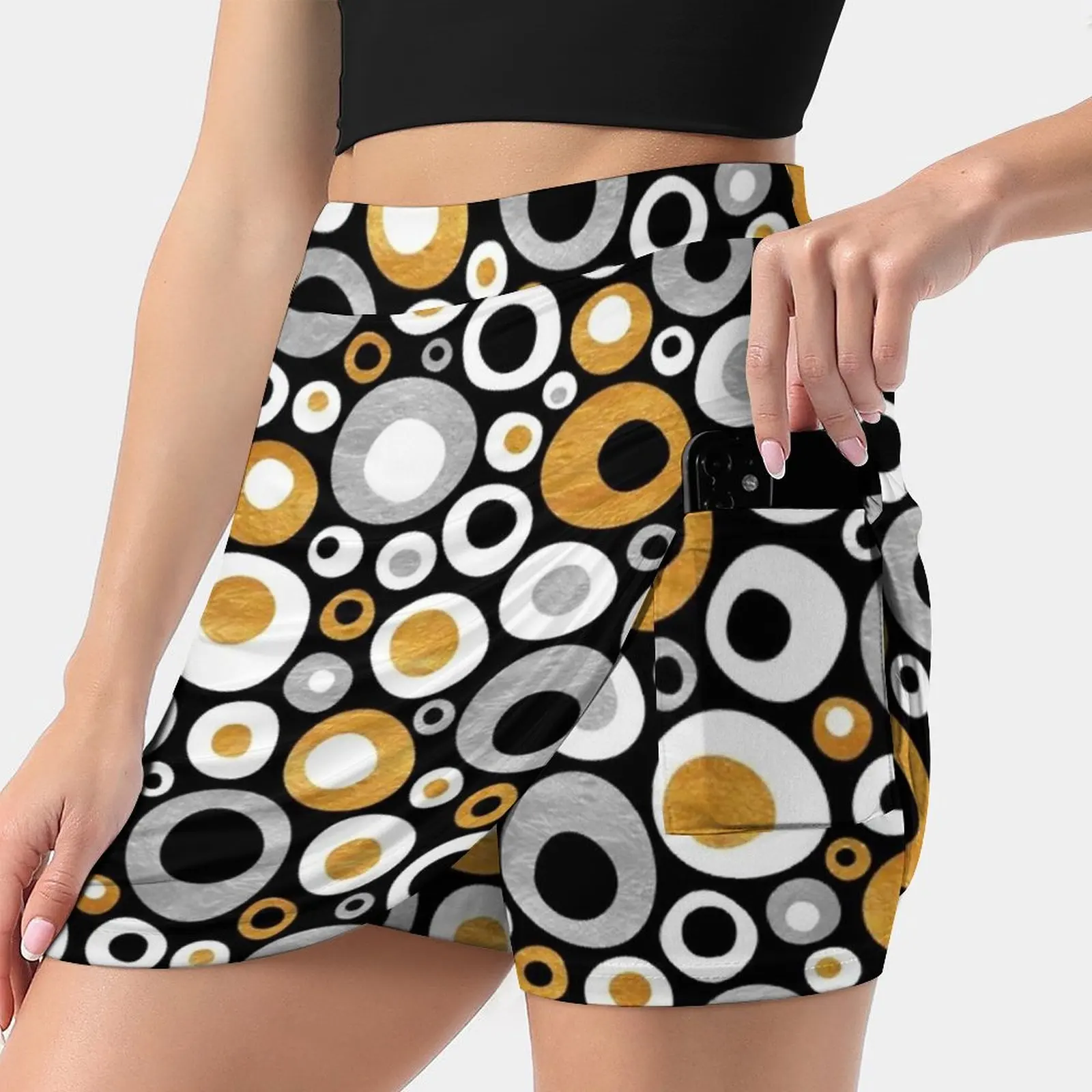 

Funky Mid Century Modern Circles-Gold , Silver , Black , Women's skirt With Hide Pocket Tennis Skirt Golf Skirts Badminton