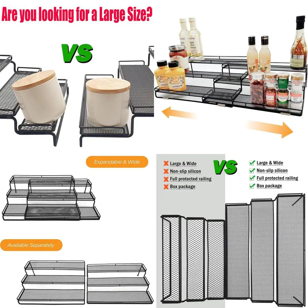 

Expandable 3-Tier Spice Rack Organizer with Step Shelf and Protective Rail, Black, Adjustable 14.5-29.1