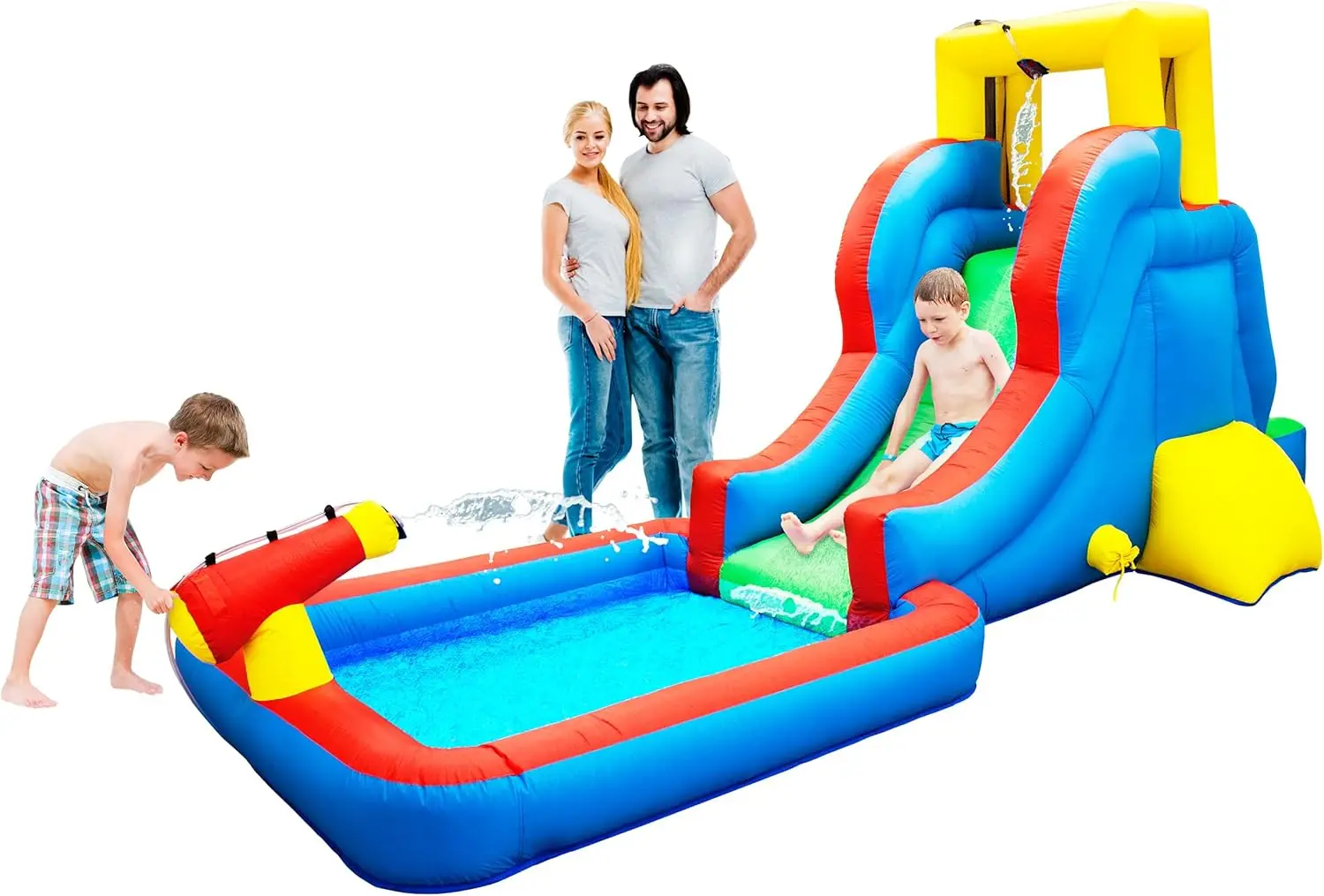 Casetta rimbalzante gonfiabile per parco con scivolo d'acqua con area piscina (zona spruzzi), parete da arrampicata, supporti per spruzzi per soffione doccia, canna da acqua Mou