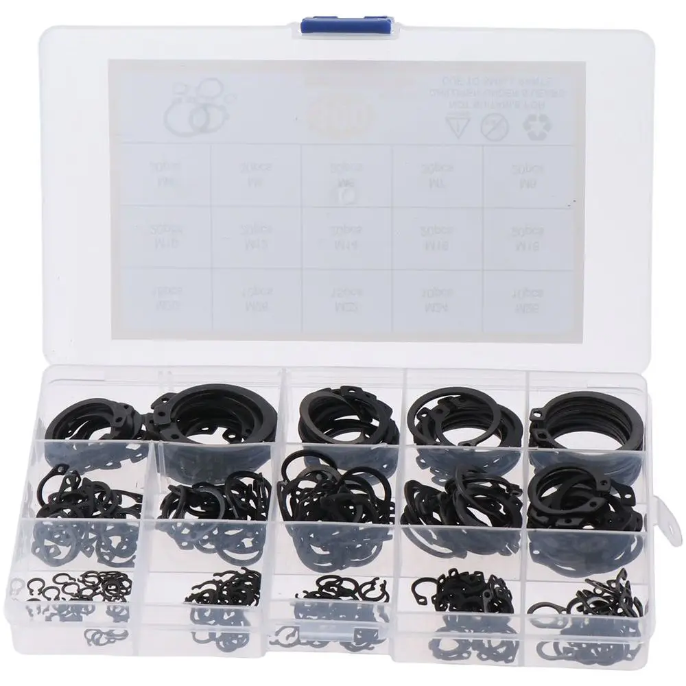 300pcs Black Snap Ring Shop Assortment M4-M28 Alloy Steel Retaining Clip Rings Set Plastic&Steel