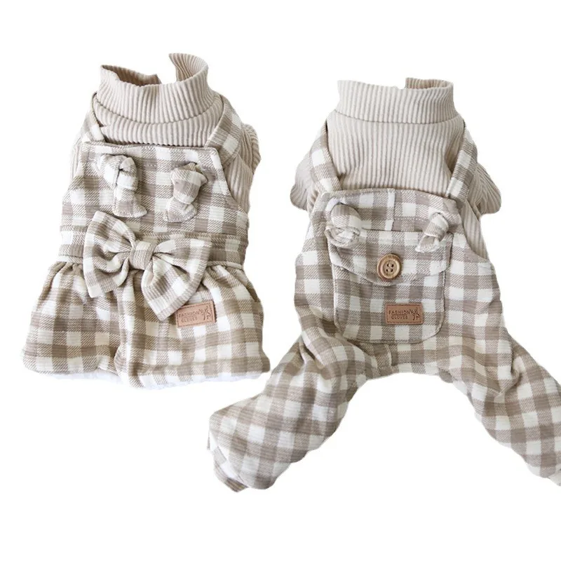 Autumn and Winter Pet Checkered Four Legged Strap Pants Couple Skirts Dog Cat Clothing Dog Pajamas Puppy Clothes Winter