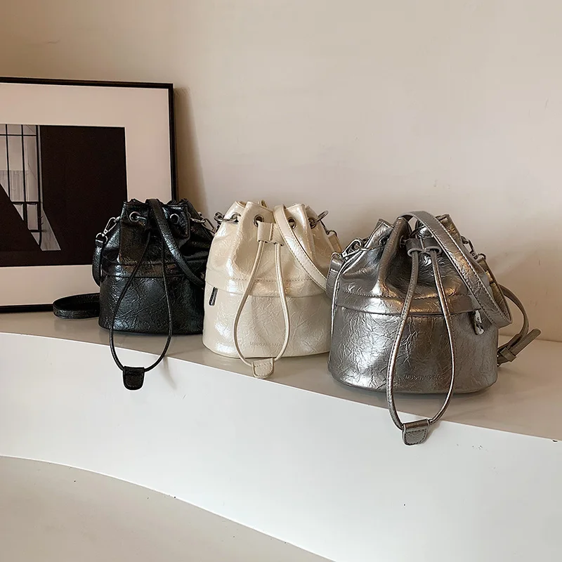 Small Silver Pu Leather Crossbody Bags For Women 2024 Y2k Korean Fashion Designer Females Bucket Bag Lady Drawstring Handbags