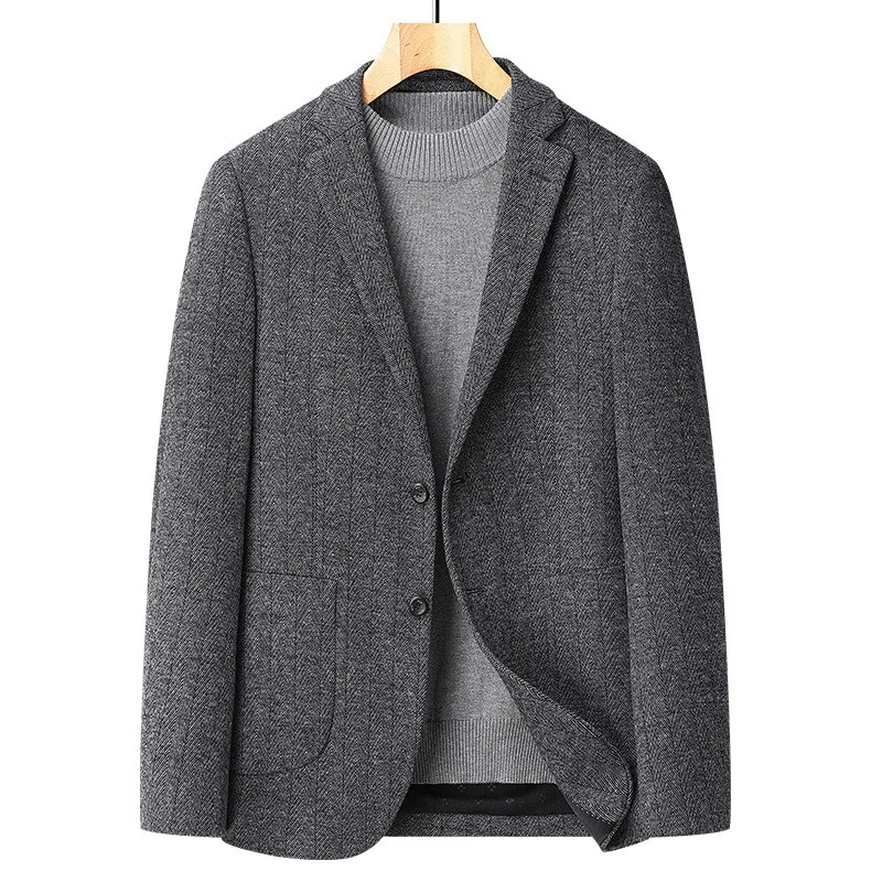 

Men's New Suit Herringbone Pattern Fashionable Casual Gray Men's Suit Loose Korean Version Wool Woolen Coat