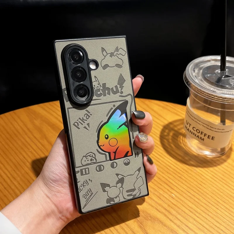

Japan Anime cartoon Cute P-Pokemon Laser Suede Soft leather Folding protect Case For Samsung ZFold 4 5 6 ZFold 7 Anti-fur Cover