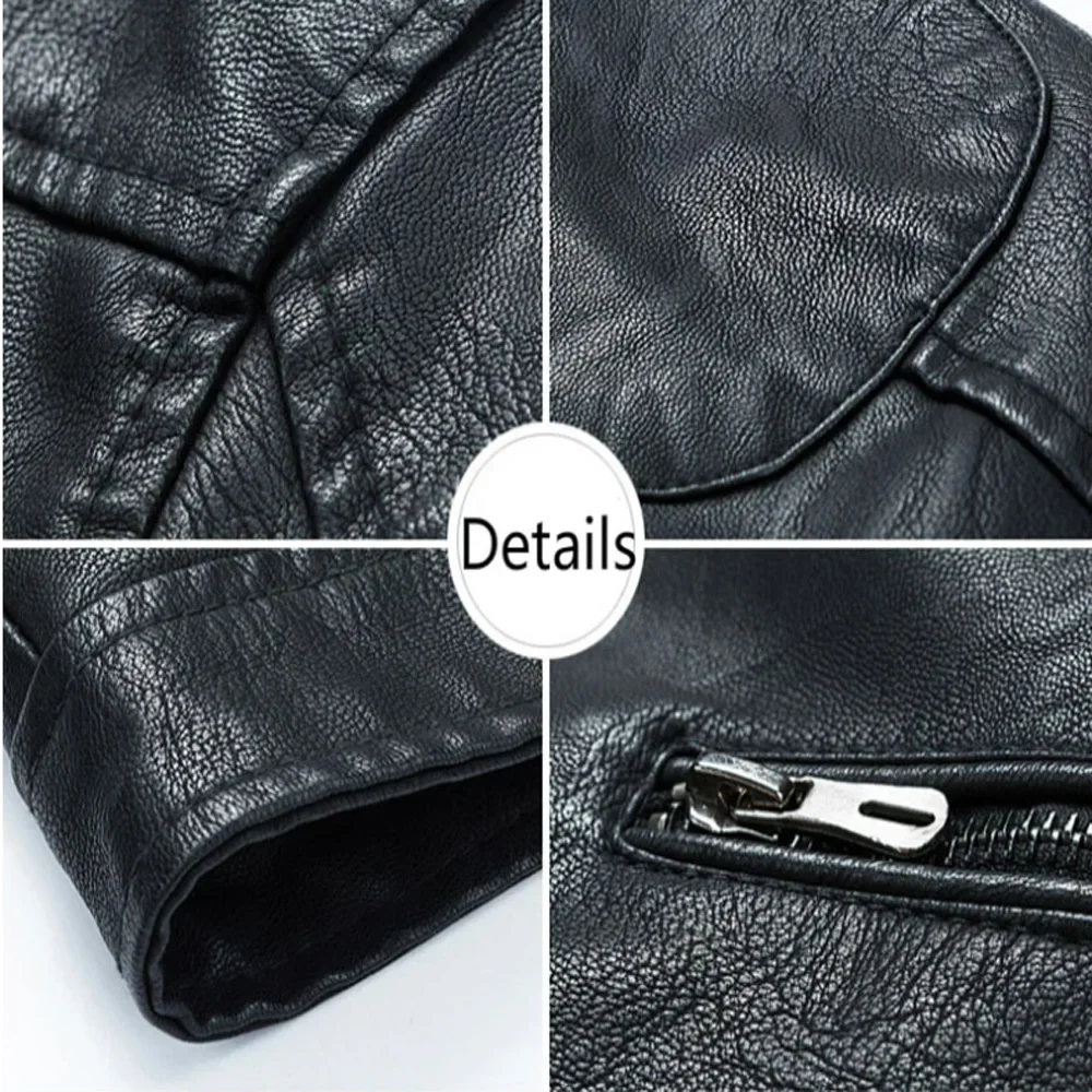 แฟชั่นฤดูใบไม้ร่วงชายเสื้อหนังสีดําสีน้ําตาลผู้ชาย STAND COLLAR เสื้อหนัง BIKER แจ็คเก็ตรถจักรยานยนต์หนัง Punk JACKET