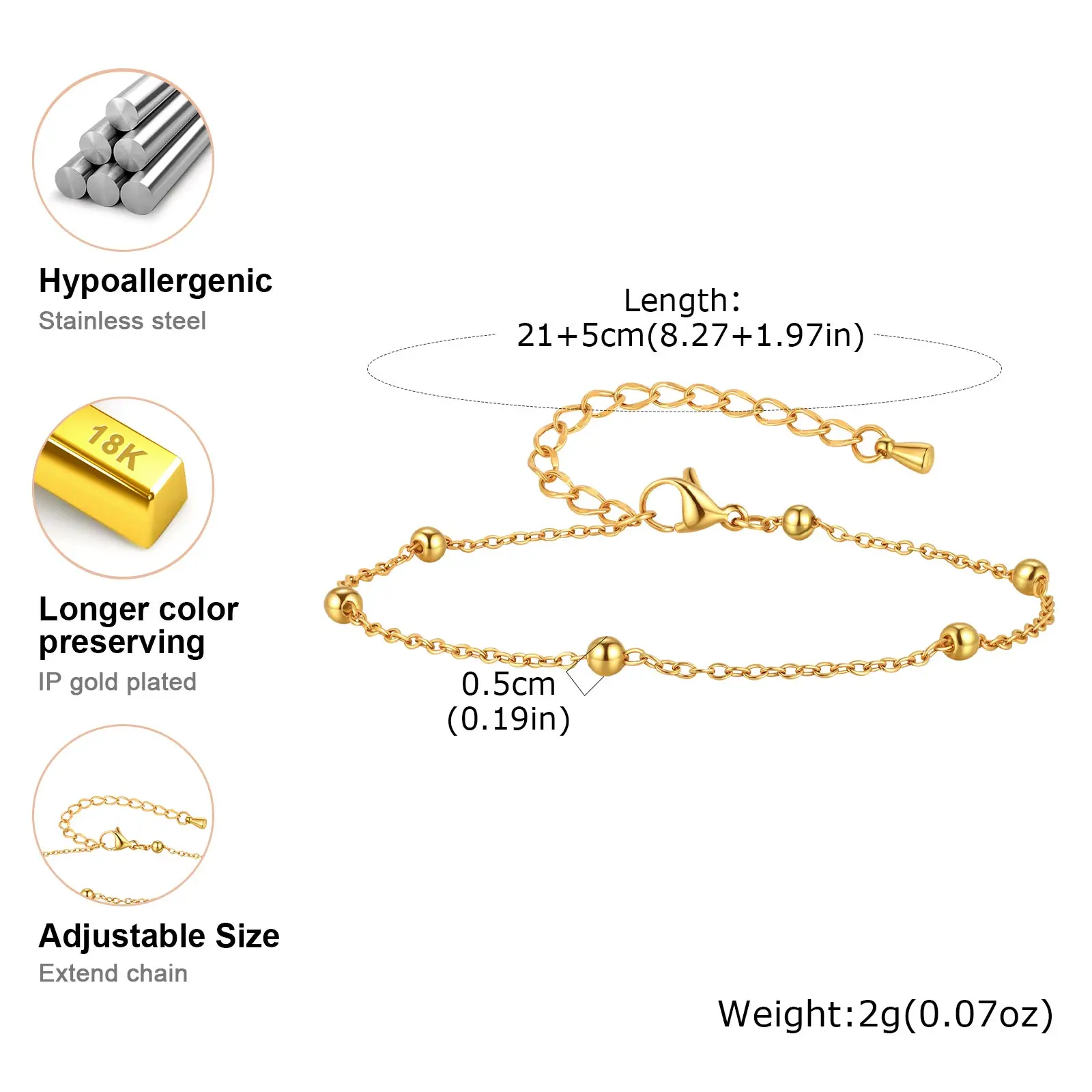 Pulseiras de corrente de tornozelo com bola de contas boho para mulheres, tornozeleira de aço inoxidável banhada a ouro, presente de joia de pé à prova d'água para praia de verão