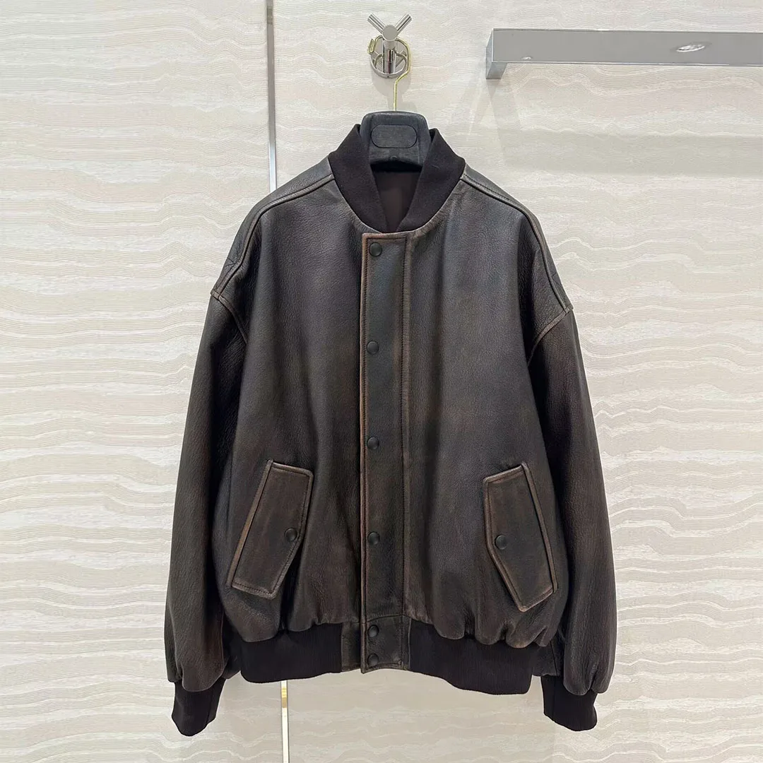 Vintage Distressed Wax Gedrukt Bruine Schapenvacht Leren Jas Dames Ronde Hals Lange Mouw Single Breasted Bomber Streetwear Jas