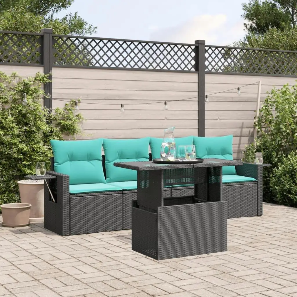 

5 Piece Black Poly Rattan Patio Sofa Set with Cushions Outdoor Furniture Garden Lounge Seating