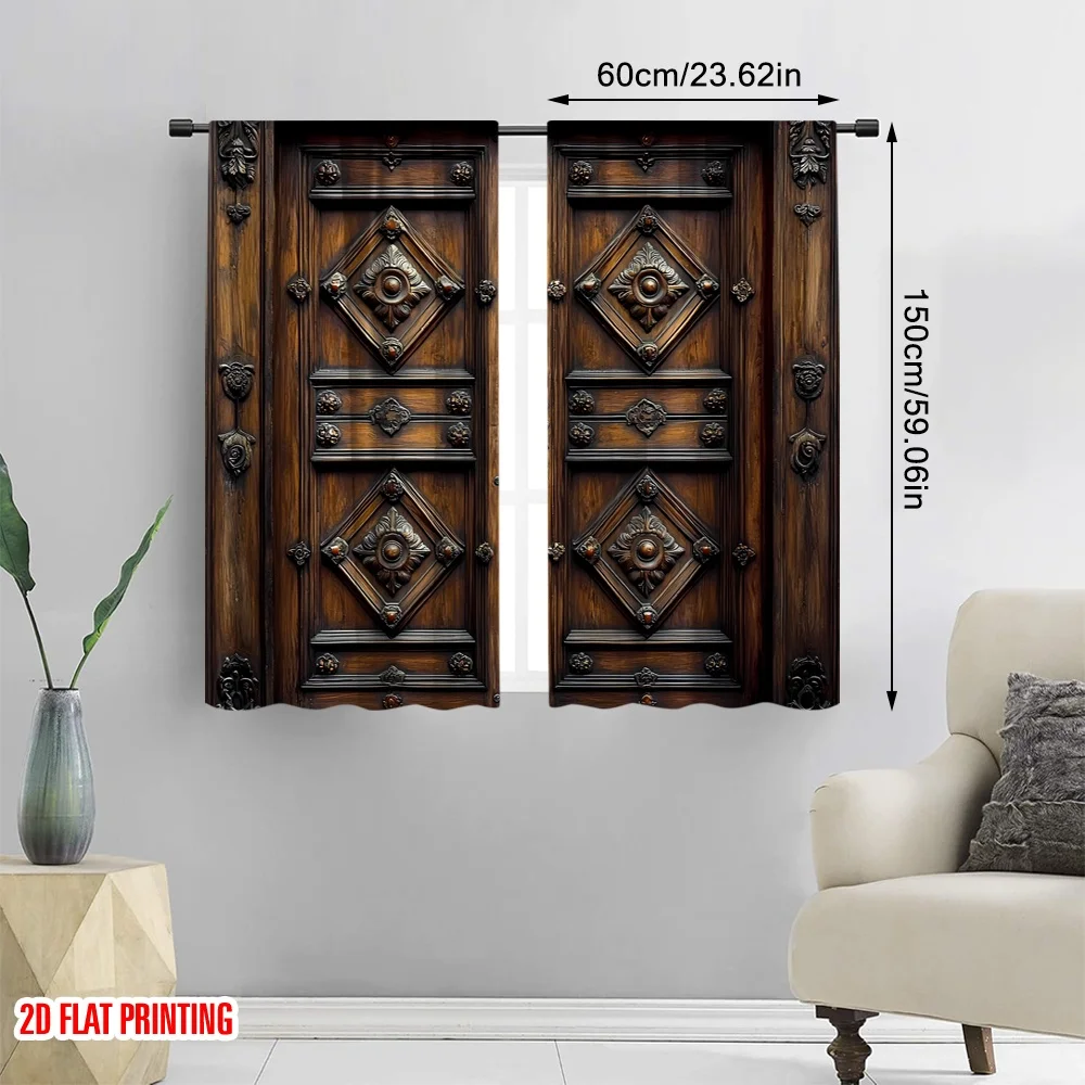 2pcs 2D flat printing Party Window Curtains wooden doors doors wooden panels doors Polyester Fabric Without Electricity Family