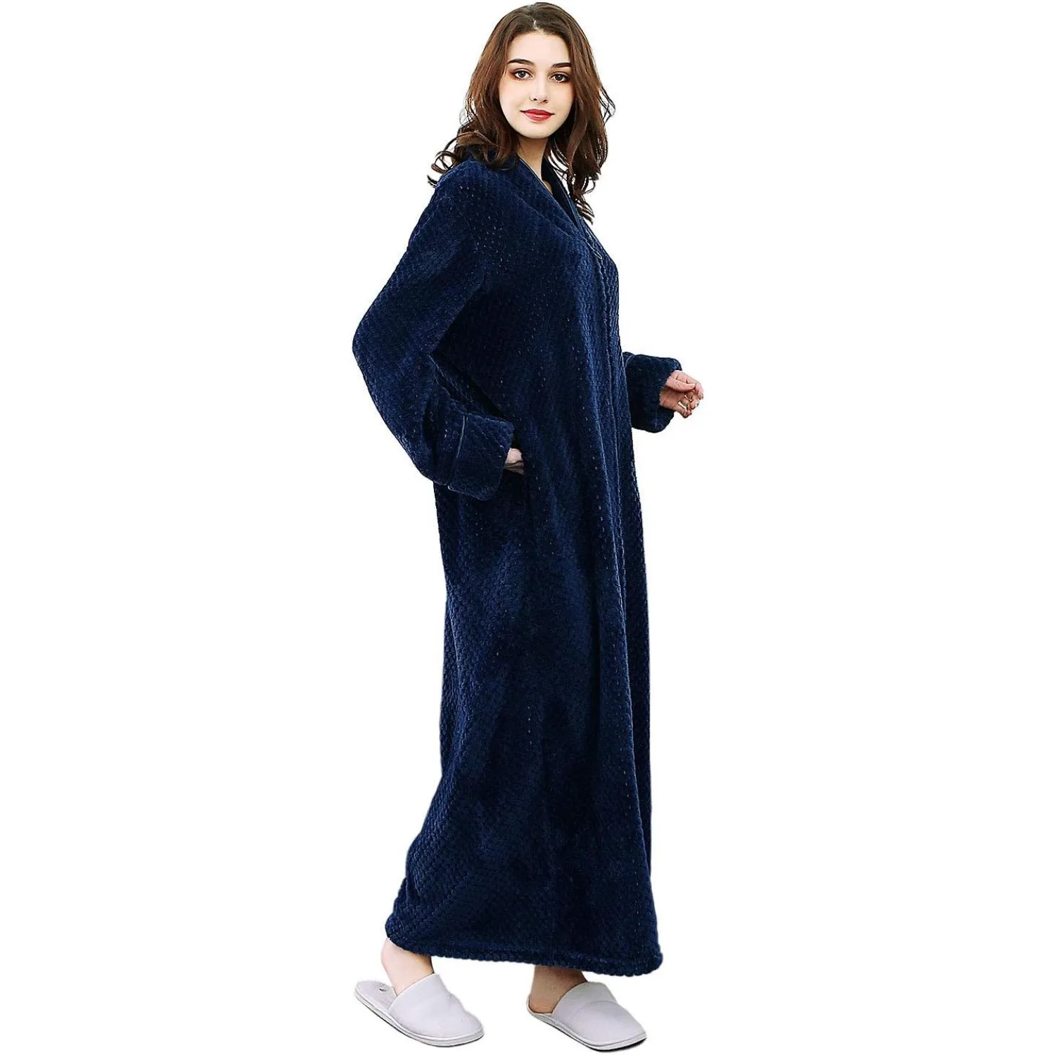 Womens Fleece Robe Plush Long Zip Front Bathrobe with Pockets Warm Soft Zippered Bathrobes for Women Nightgown Sleepwear