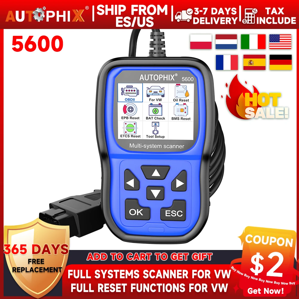 AUTOPHIX 5600 Full System Diagnostic Scan Tool OBD2 Scanner Code Reader Engine ABS SRS SAS BMS EPB TPMS Oil Reset Battery for VW