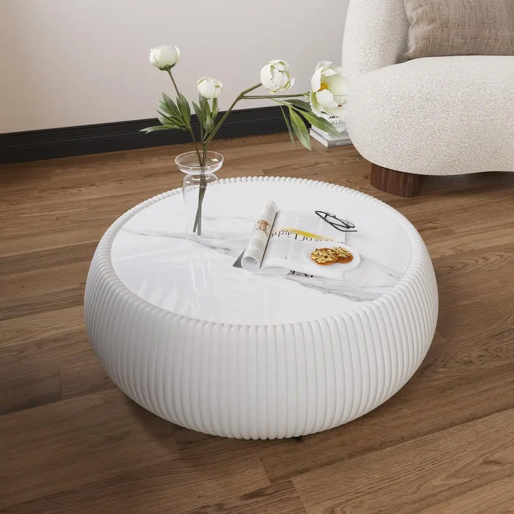 Table basse en cuir en forme de tambour, dessus en marbre clair, Table d'appoint de canapé moderne, aucun assemblage requis