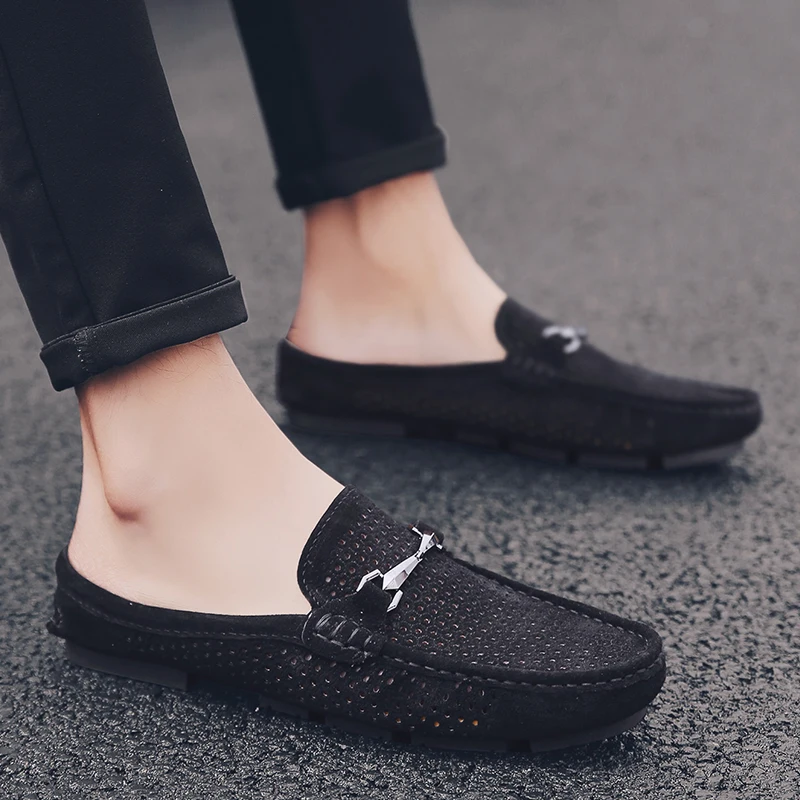 Men\'s Summer Fashion Pig Skin Casual Mules Male Breathable Half Loafer Slippers Comfy Soft Mocassins Flat Leisure Leather Sandal