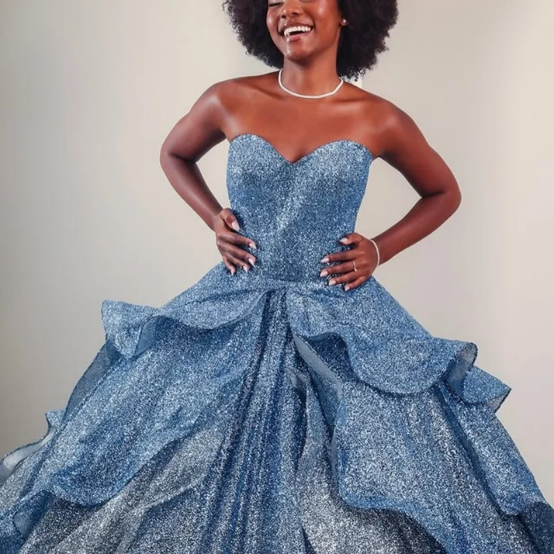 

Blue Silver Gradient Quinceanera Dress off-shoulder Lace layering glitter vestidos de 15 Quinceanera ﻿Customized