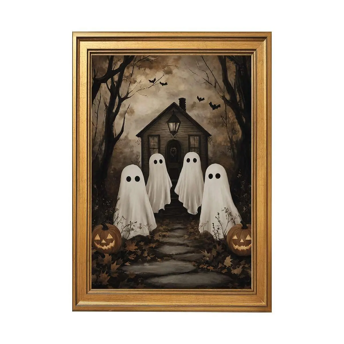 Framed Vintage Halloween Wall Art Ghosts at Haunted Cabin Spooky Autumn Decor Poster Canvas ing Trendy Pictures Wall Decor